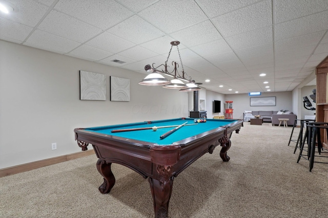 2500 Carriage Rd, Powell, OH 43065 - rec room with carpet floors, a paneled ceiling, pool table, and recessed lighting