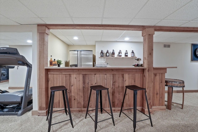 2500 Carriage Rd, Powell, OH 43065 - indoor wet bar with freestanding refrigerator, carpet, a paneled ceiling, and recessed lighting
