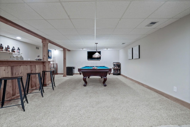 2500 Carriage Rd, Powell, OH 43065 - playroom with carpet, billiards, a bar, and a paneled ceiling