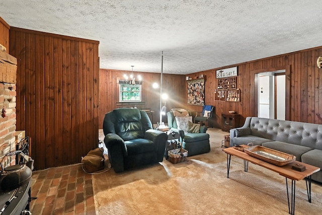 1994 County Road 61, Edison, OH 43320 - living room featuring wood walls, a chandelier, brick floors, and a textured ceiling