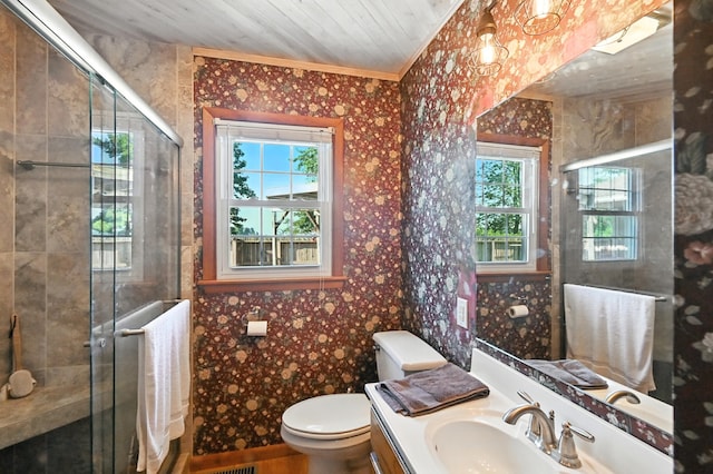 1994 County Road 61, Edison, OH 43320 - bathroom featuring vanity, a stall shower, wallpapered walls, crown molding, and wood finished floors