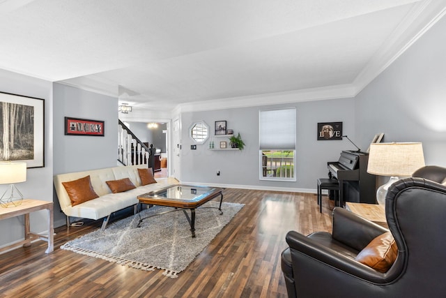 1271 Fareharm Dr, New Albany, OH 43054 - living room featuring crown molding, stairway, and wood finished floors