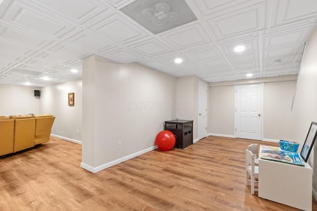 1271 Fareharm Dr, New Albany, OH 43054 - finished below grade area with recessed lighting, light wood finished floors, and an ornate ceiling