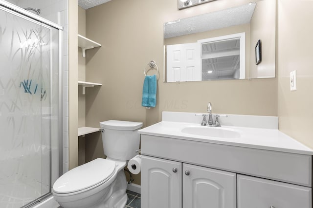 1271 Fareharm Dr, New Albany, OH 43054 - bathroom with vanity, a stall shower, tile patterned floors, and a textured ceiling