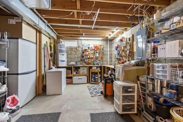 1271 Fareharm Dr, New Albany, OH 43054 - basement with refrigerator and a workshop area