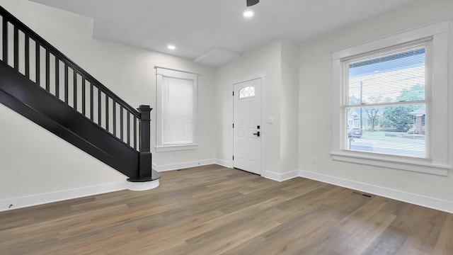 732 Columbus Ave, Washington Court House, OH 43160 - foyer entrance featuring stairway, wood finished floors, and recessed lighting