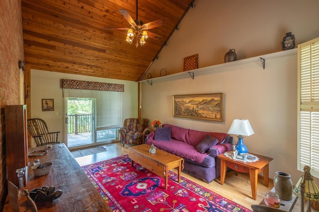 409 N High St, Lancaster, OH 43130 - living area featuring wood finished floors, a ceiling fan, wooden ceiling, and high vaulted ceiling