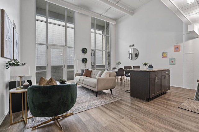 60 E Spring St Unit 220, Columbus, OH 43215 - living room featuring a towering ceiling, wood finished floors, and beam ceiling