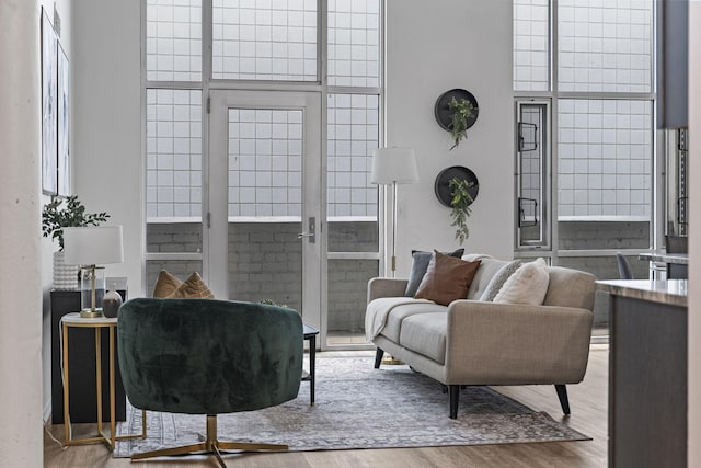 60 E Spring St Unit 220, Columbus, OH 43215 - living room featuring wood finished floors and a towering ceiling