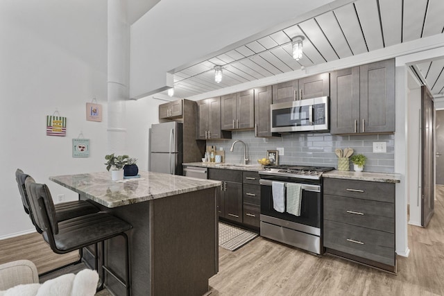 60 E Spring St Unit 220, Columbus, OH 43215 - kitchen featuring stainless steel appliances, a kitchen breakfast bar, light wood finished floors, a kitchen island, and backsplash
