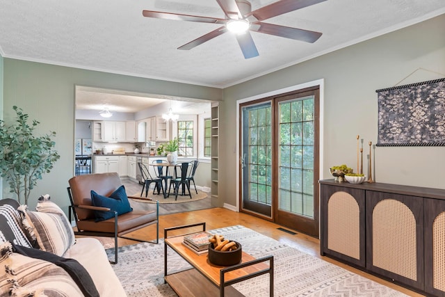 6666 Sharon Woods Blvd, Columbus, OH 43229 - living room featuring light wood finished floors, a textured ceiling, a ceiling fan, ornamental molding, and a chandelier