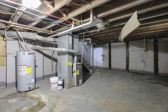 1077-1079 S James Rd, Columbus, OH 43227 - unfinished below grade area with electric water heater, heating unit, and stairway