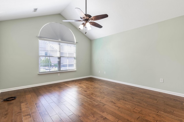 810 Lambton Cir W, Lancaster, OH 43130 - empty room featuring ceiling fan, vaulted ceiling, and hardwood / wood-style flooring