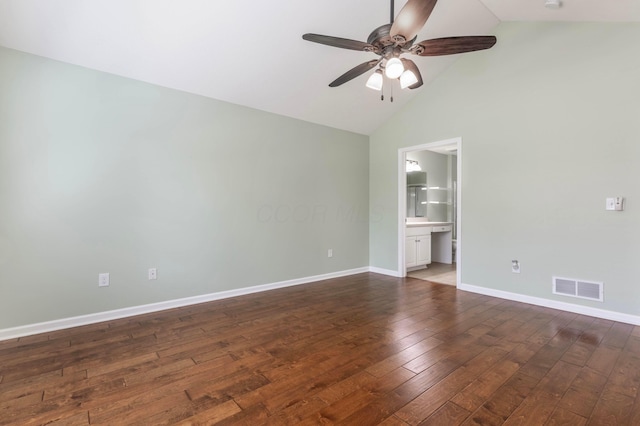 810 Lambton Cir W, Lancaster, OH 43130 - spare room with ceiling fan, dark wood-type flooring, and high vaulted ceiling