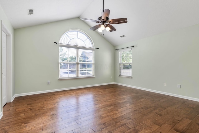 810 Lambton Cir W, Lancaster, OH 43130 - empty room featuring ceiling fan, vaulted ceiling, and wood finished floors