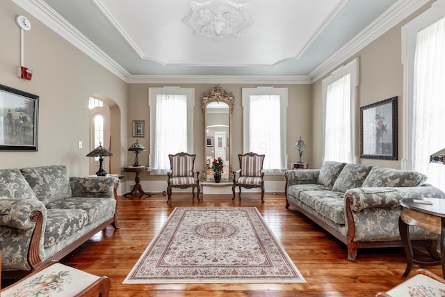 810 Lambton Cir W, Lancaster, OH 43130 - living area with healthy amount of natural light, hardwood / wood-style flooring, a raised ceiling, and arched walkways