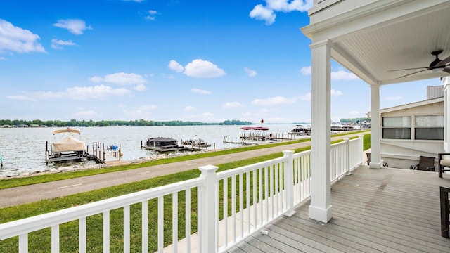 4721 W N Bank Rd, Buckeye Lake, OH 43008 - wooden deck with a water view, a boat dock, and a ceiling fan