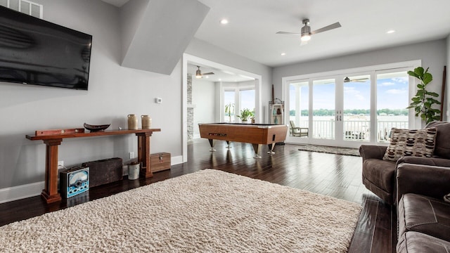 4721 W N Bank Rd, Buckeye Lake, OH 43008 - living room featuring a ceiling fan, dark wood-style flooring, recessed lighting, a water view, and billiards table
