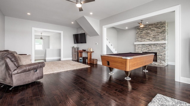 4721 W N Bank Rd, Buckeye Lake, OH 43008 - recreation room featuring a stone fireplace, ceiling fan, wood finished floors, pool table, and recessed lighting