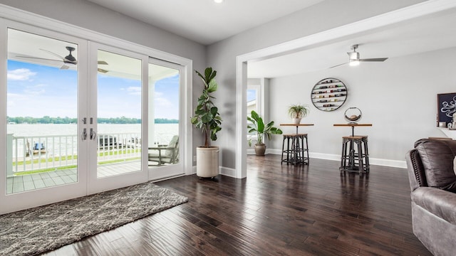 4721 W N Bank Rd, Buckeye Lake, OH 43008 - doorway featuring a ceiling fan, french doors, wood finished floors, and a water view