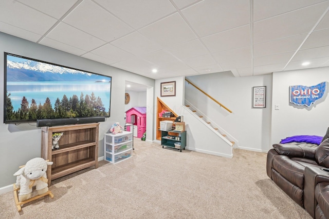 9375 Wingate Pl, Orient, OH 43146 - living area featuring carpet, a paneled ceiling, stairway, and recessed lighting