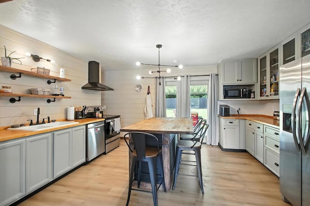 3139 Woonsocket St, Springfield, OH 45503 - kitchen with butcher block counters, open shelves, appliances with stainless steel finishes, and light wood-style floors