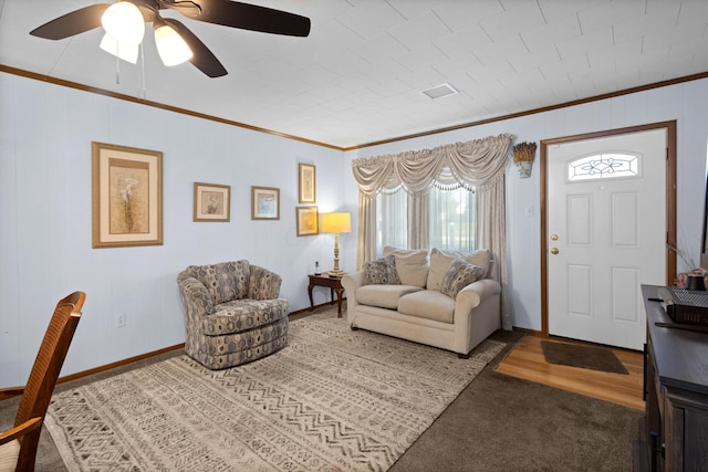 3329 Clime Rd, Columbus, OH 43223 - carpeted living room with ornamental molding and ceiling fan