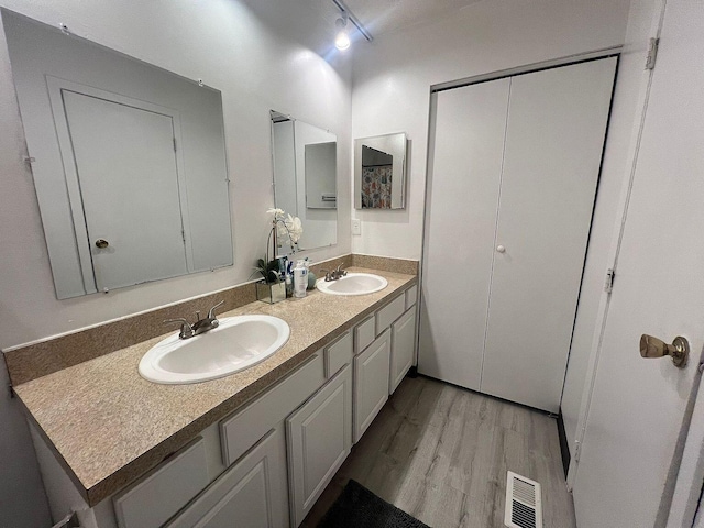 5258 Captains Ct, Columbus, OH 43220 - bathroom with double vanity, wood finished floors, and rail lighting