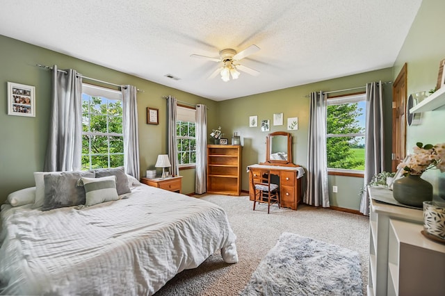 2532 State Route 292, West Mansfield, OH 43358 - bedroom with multiple windows, carpet floors, a textured ceiling, and a ceiling fan