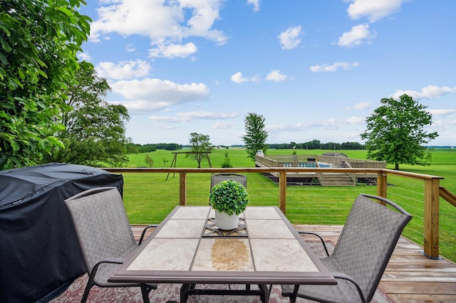 2532 State Route 292, West Mansfield, OH 43358 - wooden terrace featuring outdoor dining space, a yard, grilling area, and a view of countryside