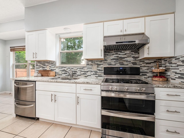 824 Lynnfield Dr, Westerville, OH 43081 - kitchen featuring appliances with stainless steel finishes, under cabinet range hood, tasteful backsplash, and white cabinetry