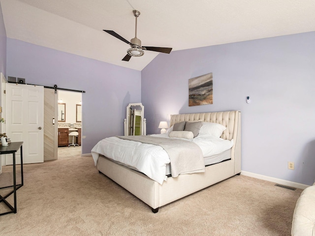 824 Lynnfield Dr, Westerville, OH 43081 - bedroom with light colored carpet, lofted ceiling, a barn door, and a ceiling fan