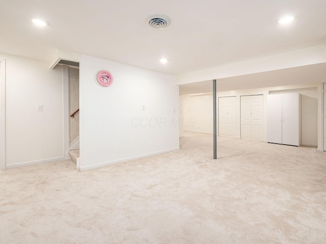 824 Lynnfield Dr, Westerville, OH 43081 - finished basement with light carpet, stairs, and recessed lighting