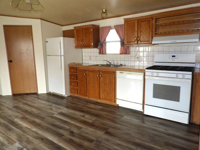 2445 Columbus Lancaster Rd NW Lot 463, Lancaster, OH 43130 - kitchen with white appliances, tasteful backsplash, dark wood finished floors, extractor fan, and brown cabinets