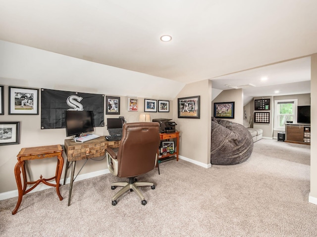 624 Oakwood Ave, Columbus, OH 43205 - home office featuring carpet floors, vaulted ceiling, and recessed lighting