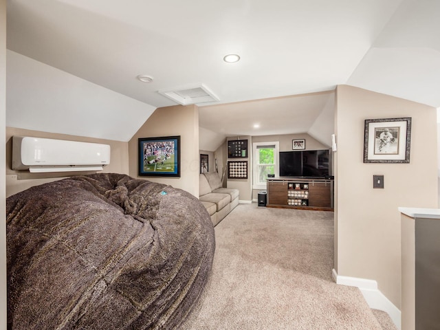 624 Oakwood Ave, Columbus, OH 43205 - living area featuring a wall mounted air conditioner, lofted ceiling, carpet flooring, attic access, and recessed lighting
