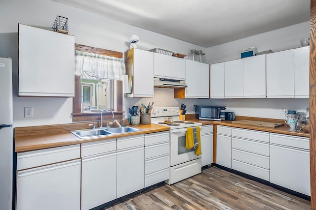 405 N Main St, Nevada, OH 44849 - kitchen featuring white range with electric stovetop, under cabinet range hood, stainless steel microwave, white cabinets, and wood finished floors