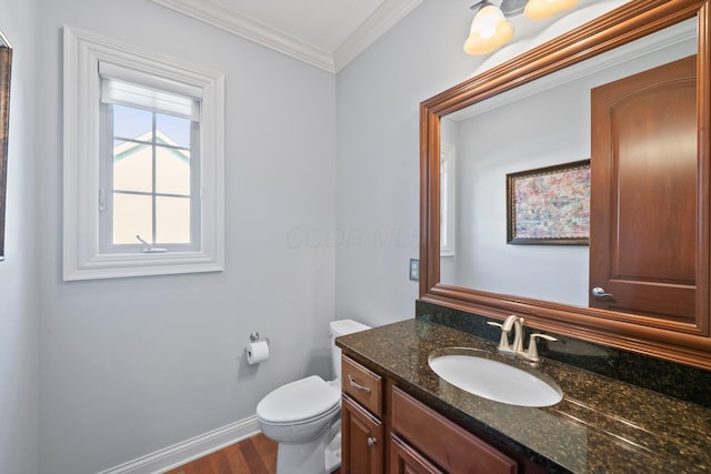 6820 Mahogany Dr, Galena, OH 43021 - half bathroom featuring vanity, crown molding, and wood finished floors