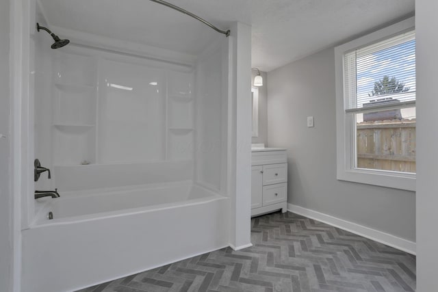8898 Baker Rd, Stoutsville, OH 43154 - bathroom with bathing tub / shower combination, vanity, and a textured ceiling