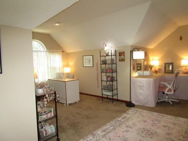 5669 Maplewood Ct, Lewis Center, OH 43035 - carpeted home office featuring vaulted ceiling and baseboards
