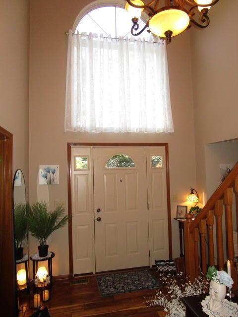 5669 Maplewood Ct, Lewis Center, OH 43035 - foyer entrance featuring a high ceiling, a chandelier, stairs, and wood finished floors