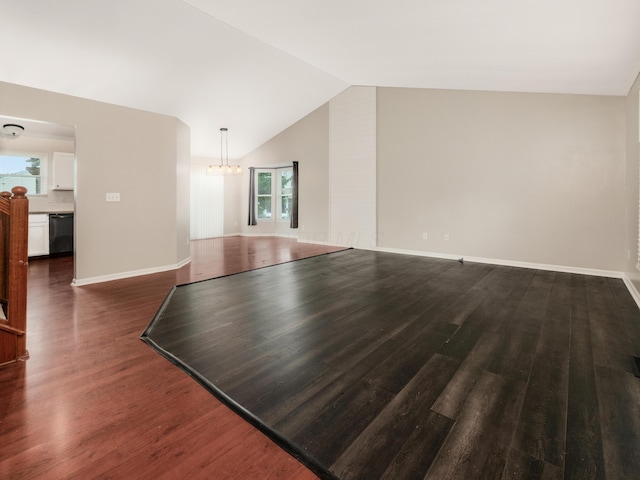419 Sycamore Creek St, Pickerington, OH 43147 - unfurnished living room with a chandelier, dark wood-style floors, and lofted ceiling