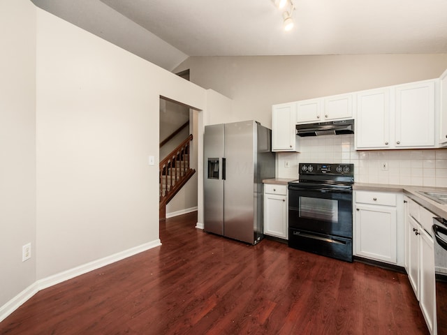 419 Sycamore Creek St, Pickerington, OH 43147 - kitchen featuring stainless steel fridge with ice dispenser, black electric range, under cabinet range hood, white cabinets, and high vaulted ceiling