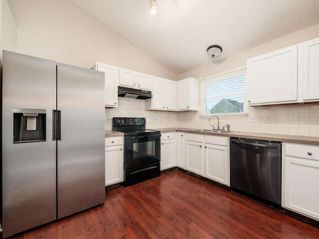 419 Sycamore Creek St, Pickerington, OH 43147 - kitchen with dishwasher, stainless steel fridge with ice dispenser, black range with electric cooktop, under cabinet range hood, and vaulted ceiling