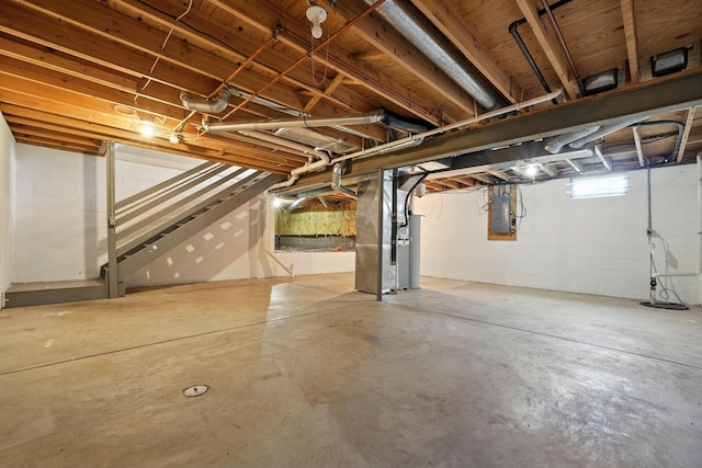 1771 Fern Trail Dr, Lancaster, OH 43130 - basement with electric panel, stairway, concrete block wall, and heating unit