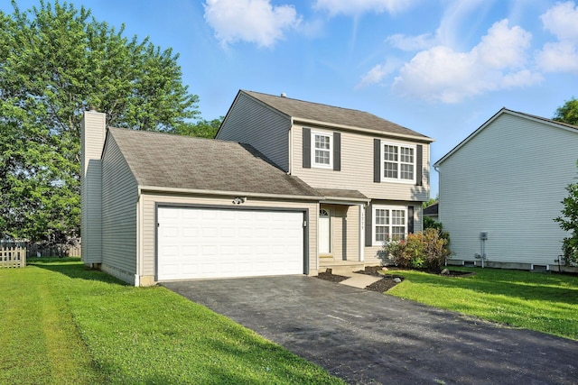 1771 Fern Trail Dr, Lancaster, OH 43130 - view of front of house featuring asphalt driveway, a garage, a front yard, and a chimney