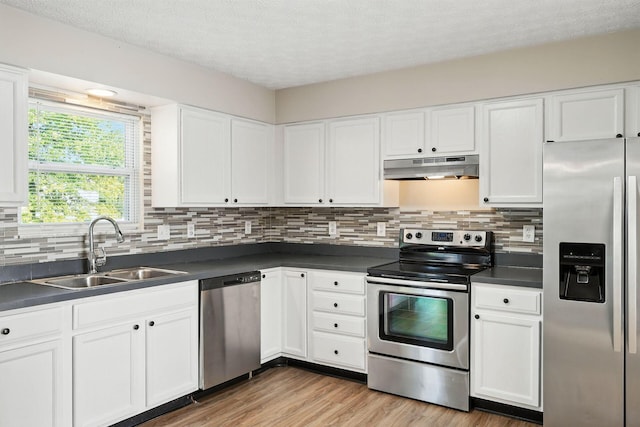 1771 Fern Trail Dr, Lancaster, OH 43130 - kitchen with stainless steel appliances, under cabinet range hood, dark countertops, white cabinets, and tasteful backsplash