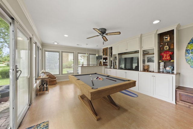 1539 Clubview Blvd S, Columbus, OH 43235 - recreation room featuring billiards, ornamental molding, light wood-style flooring, a ceiling fan, and recessed lighting