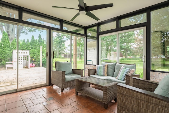 6853 Cedar Brook Pl, New Albany, OH 43054 - sunroom with a ceiling fan and an outdoor hangout area