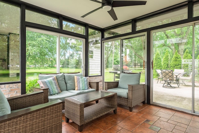 6853 Cedar Brook Pl, New Albany, OH 43054 - sunroom featuring ceiling fan, an outdoor living space, and healthy amount of natural light